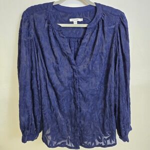 Chico's Chiffon Embroidered Floral Sheer Button-Down Shirt, Blue, Size 0.5/Small